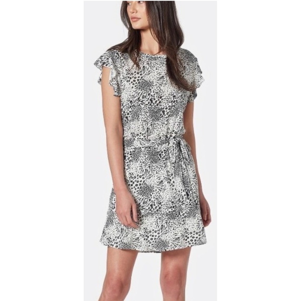 Joie‎ Anthea Animal Print Linen Mini Dress White Black XS Flutter Sleeve Belted